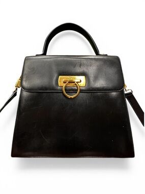 Vintage Ferragamo Gancini Top Handle Bag Black Leather Structured Italy